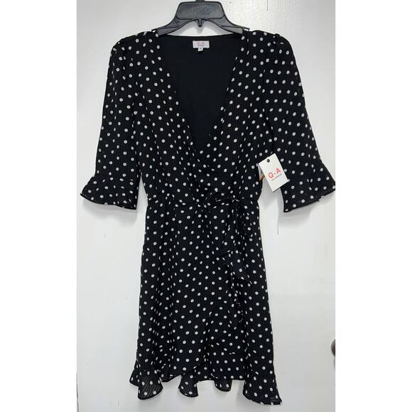 NWT Q+A Los Angeles Faux Wrap Dress Black & White Polka Dot S - Picture 1 of 10
